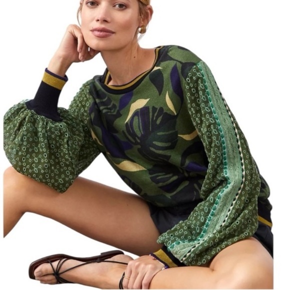 Anthropologie Sweaters - Anthropology Blank London Monstera Knit Sweater Size Medium Green Eyelet Sleeve